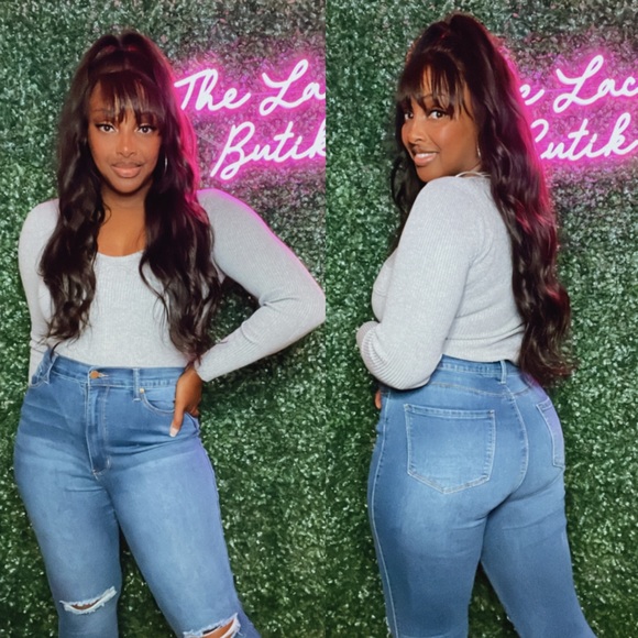 High Waist Slit Knee Skinny Denim Jeans - Picture 6 of 6